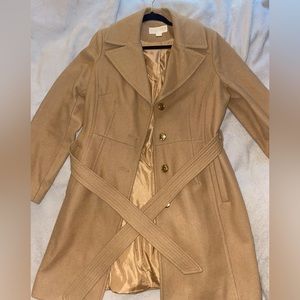 Michael Kors Tan Wool Coat, Button and tie waist Size L